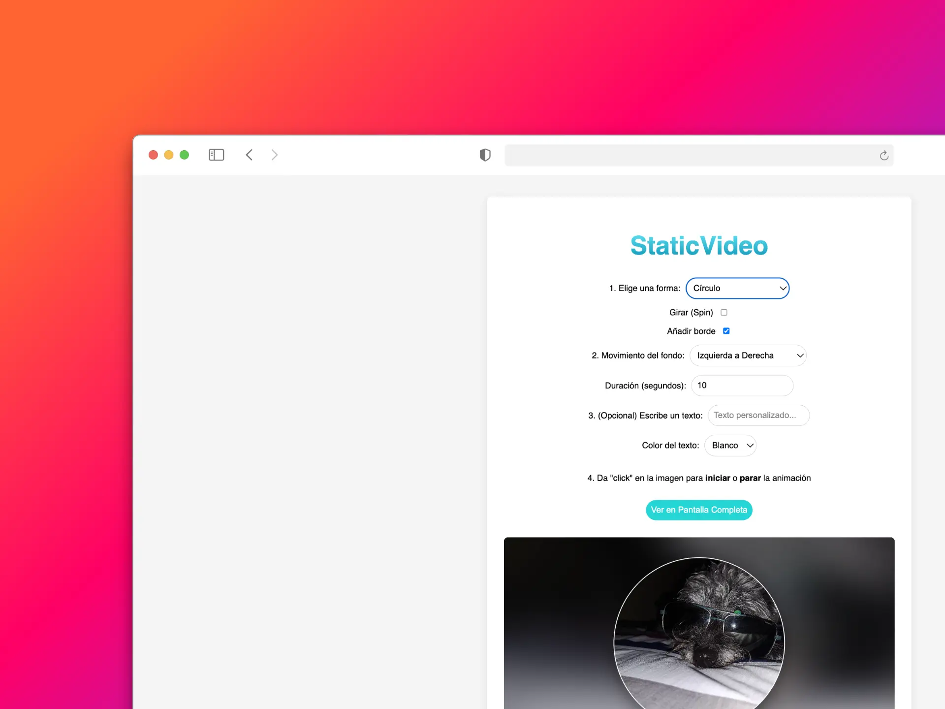 Captura de pantalla del proyecto StaticVideo